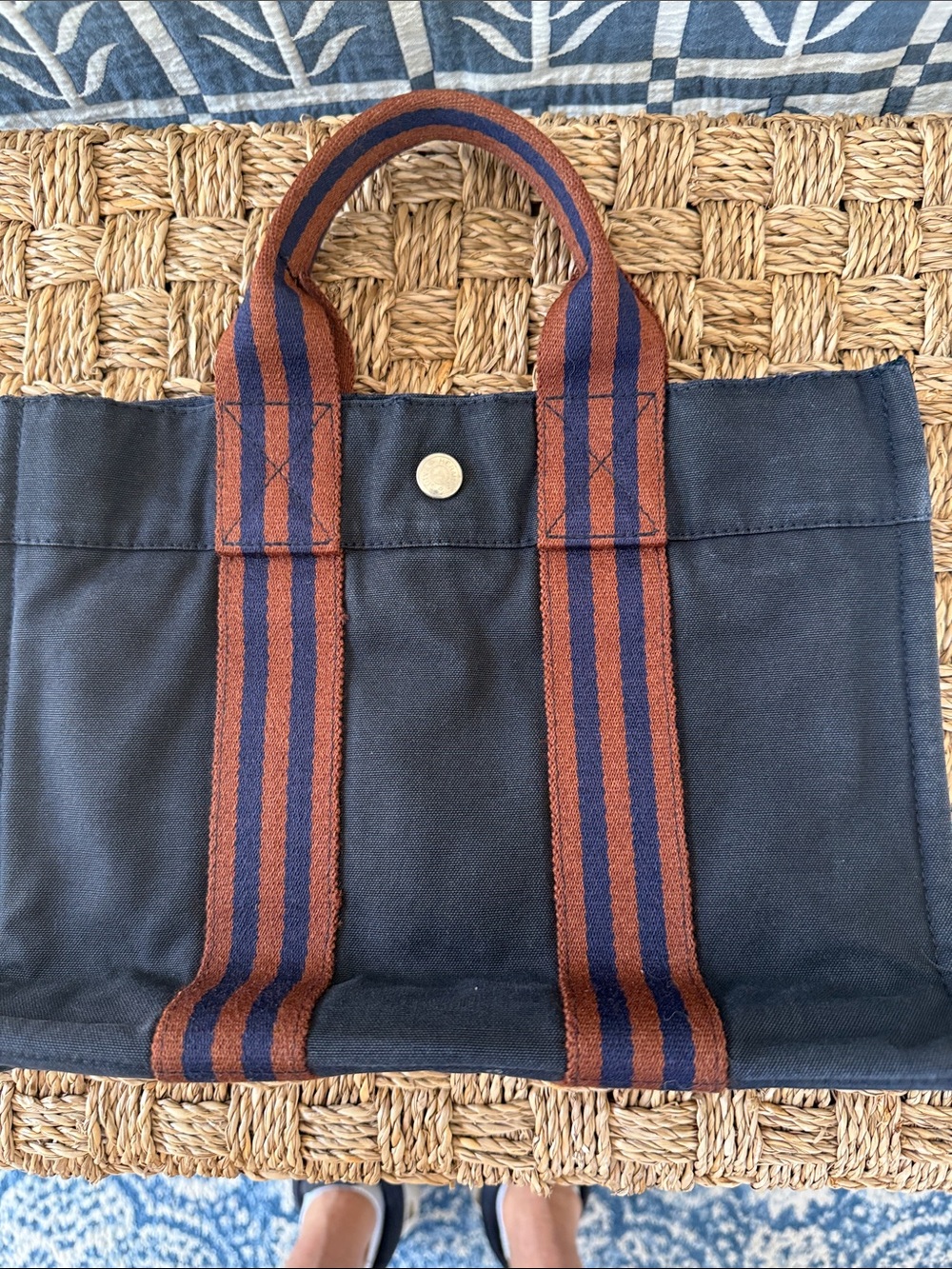 Hermes 2000s MM Fourre Tout Canvas Tote Bag with Striped Handles - Navy & Brown - Picture 5 of 10